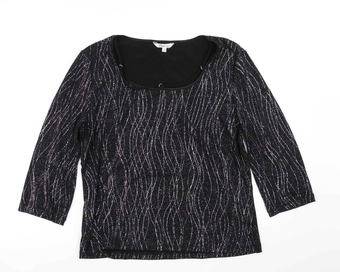 M&Co Womens Black Striped  Basic T-Shirt Size 16