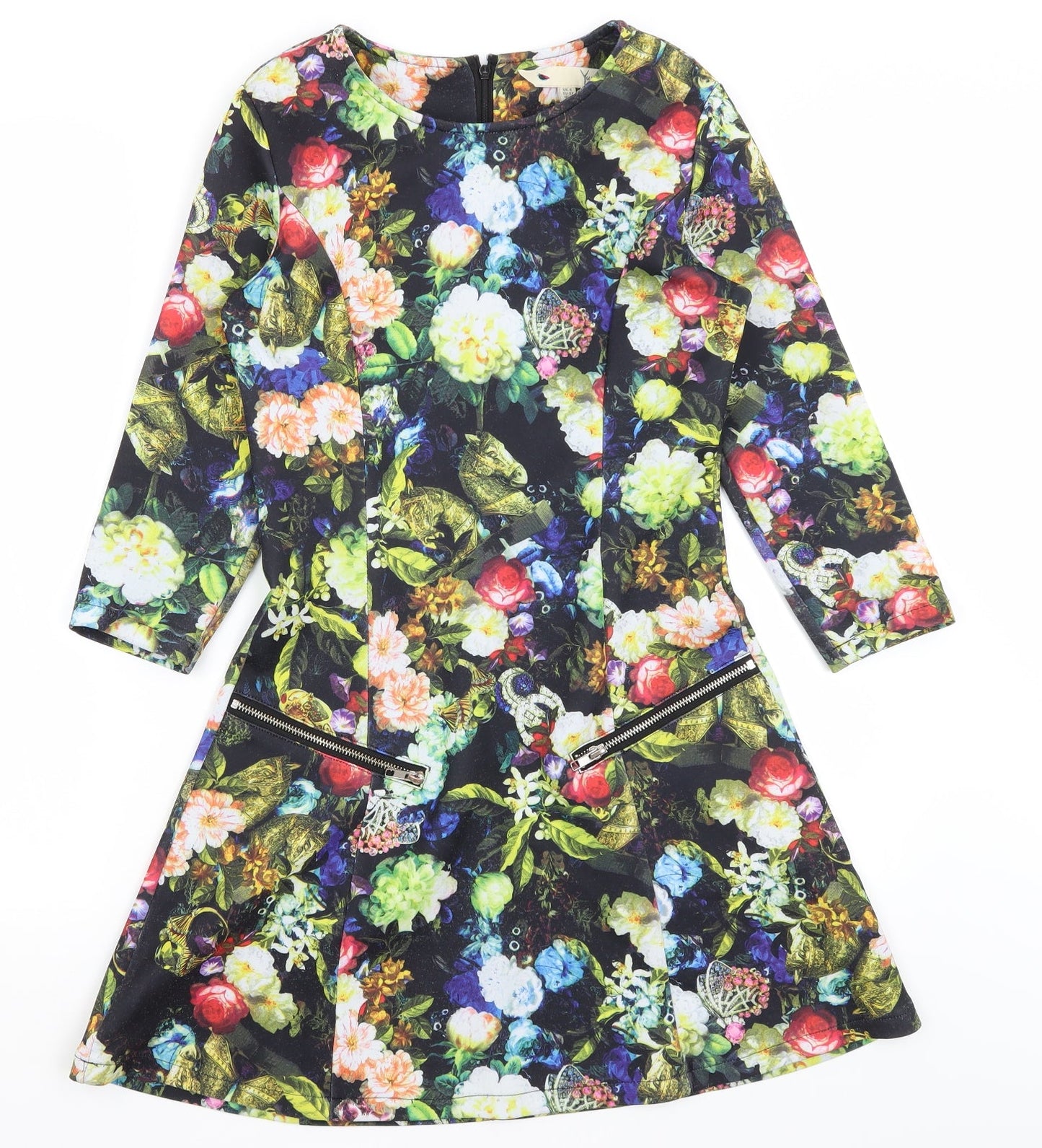 Yumi Womens Black Floral  Fit & Flare  Size 6