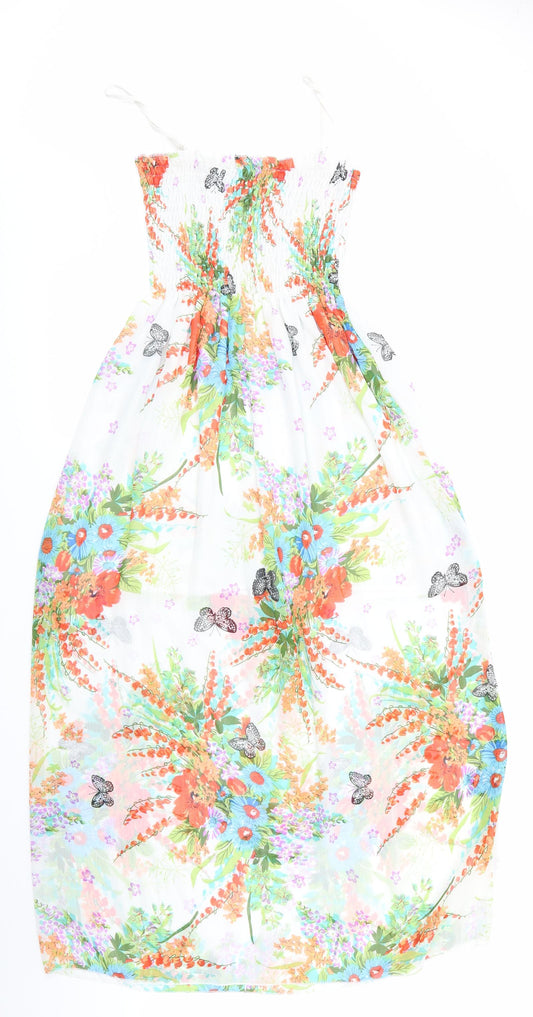 Mei Na Fashion Womens Ivory Floral  Maxi    - Elasticated Bodice Half lined Blue Orange Flowers