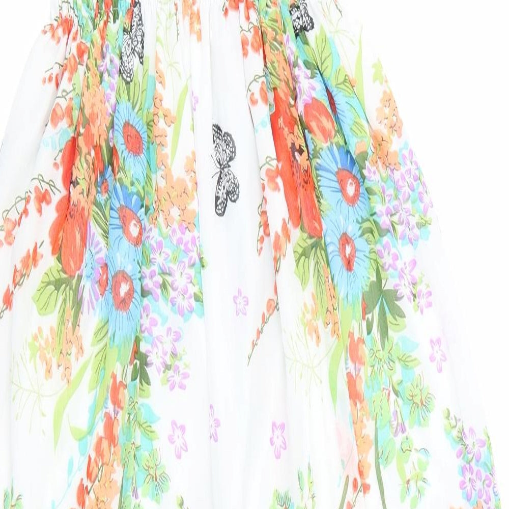 Mei Na Fashion Womens Ivory Floral  Maxi    - Elasticated Bodice Half lined Blue Orange Flowers