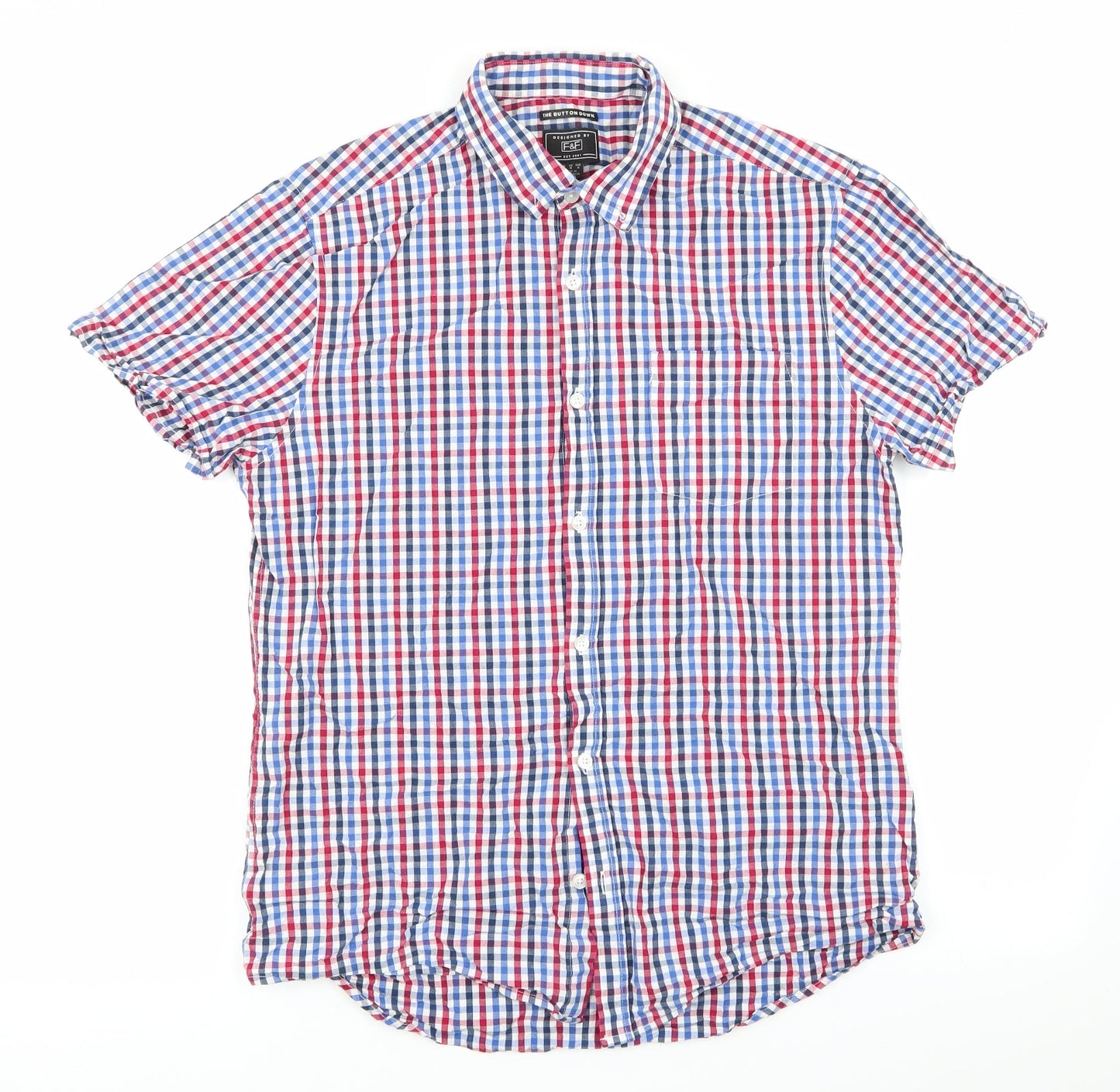 Florence and Fred Mens Blue Check   Button-Up Size M  - Buttoned Collar Red Blue White Check