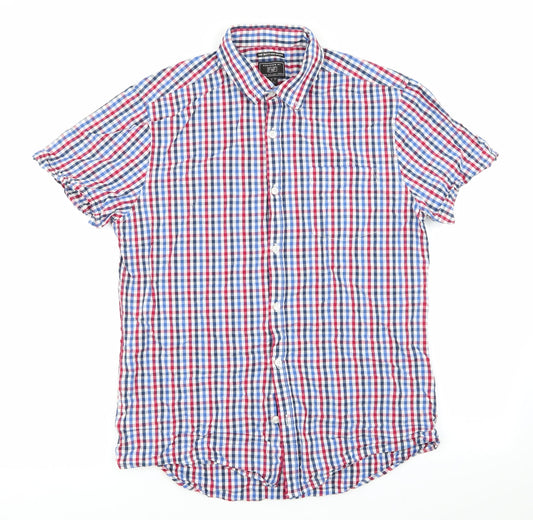 Florence and Fred Mens Blue Check   Button-Up Size M  - Buttoned Collar Red Blue White Check