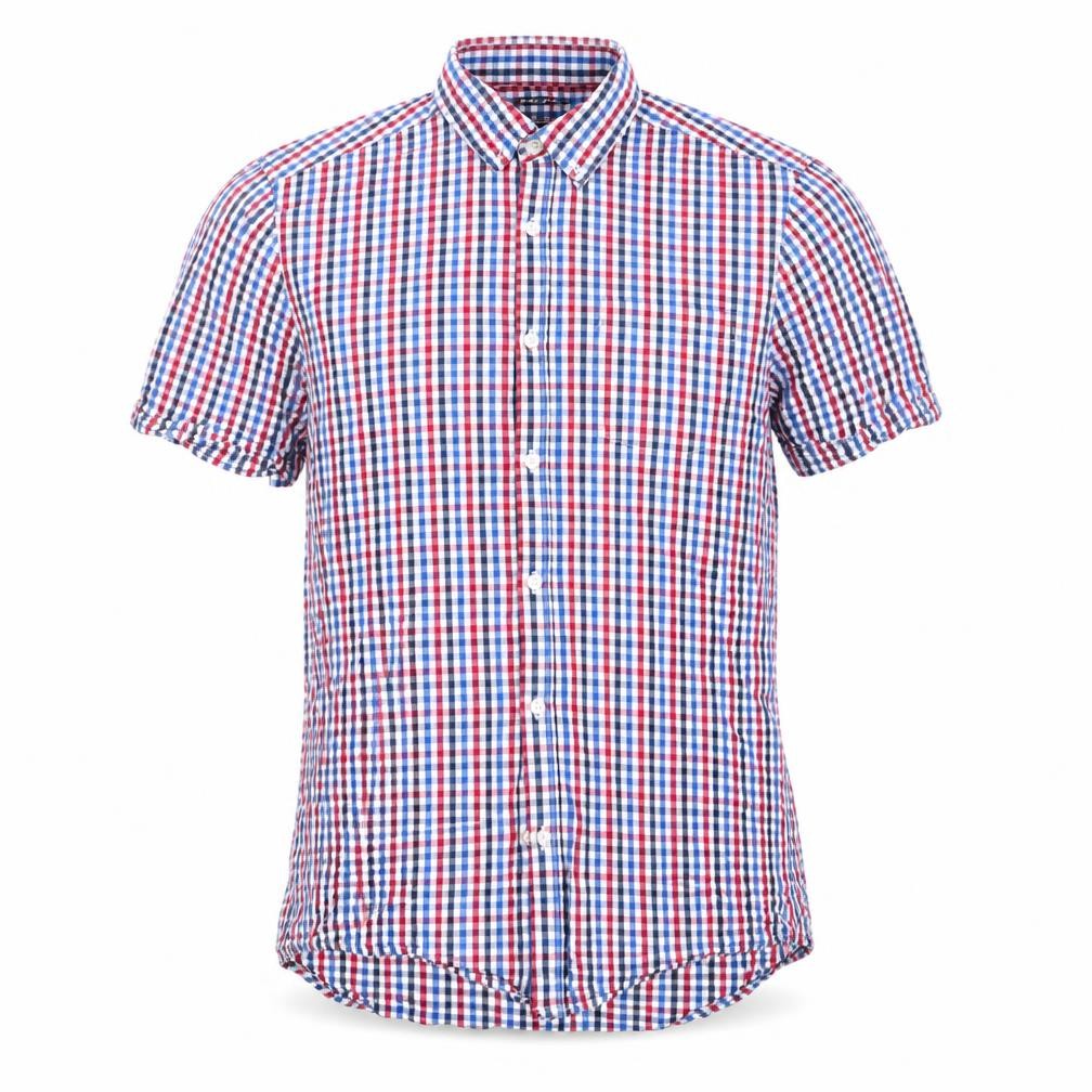 Florence and Fred Mens Blue Check   Button-Up Size M  - Buttoned Collar Red Blue White Check
