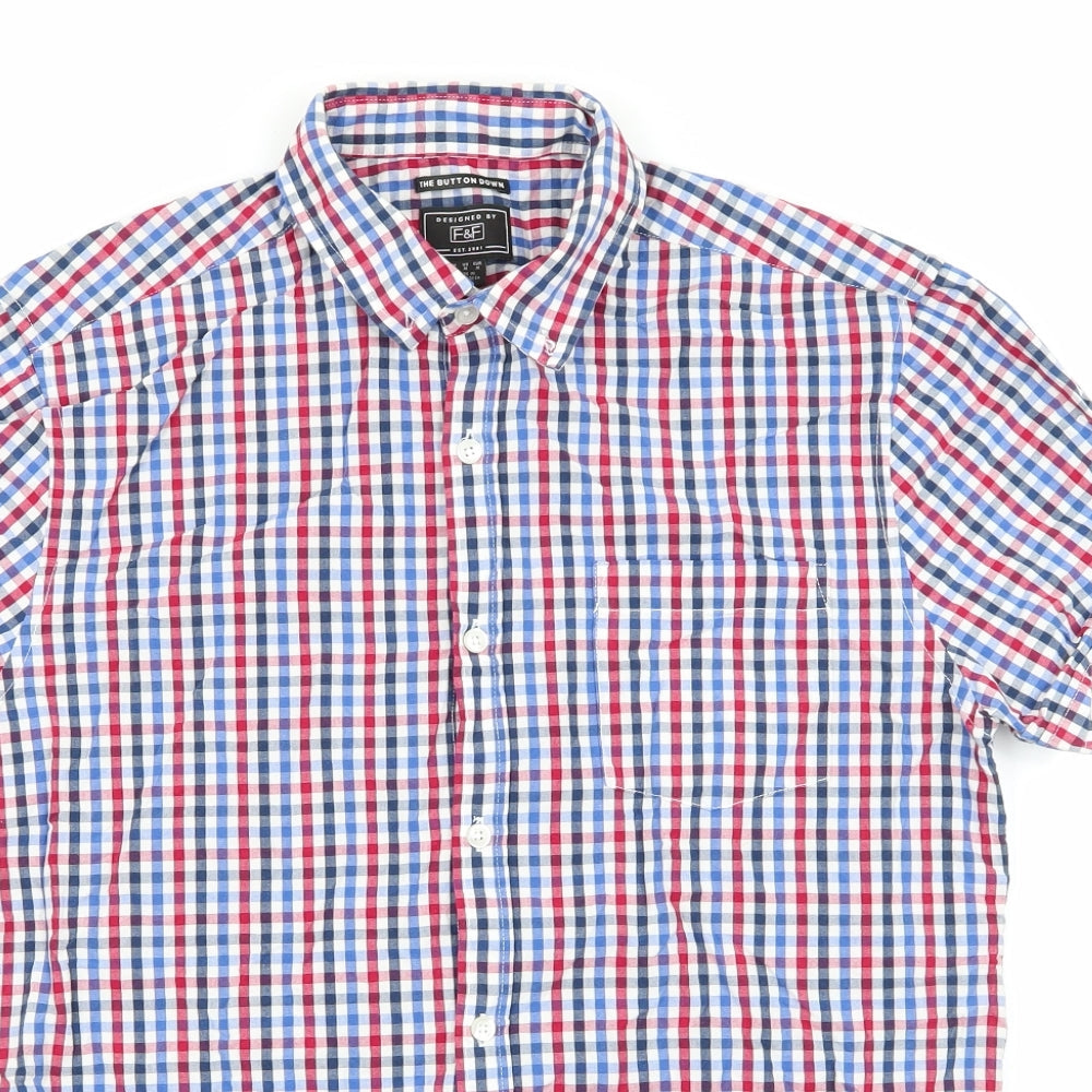 Florence and Fred Mens Blue Check   Button-Up Size M  - Buttoned Collar Red Blue White Check
