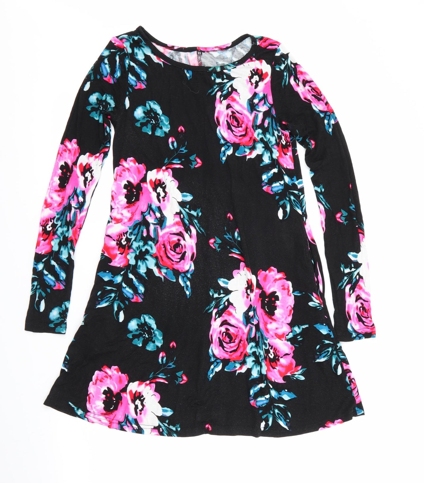 Preworn Womens Black Floral Jersey Fit & Flare  Size XS  - pink & blue flowers
