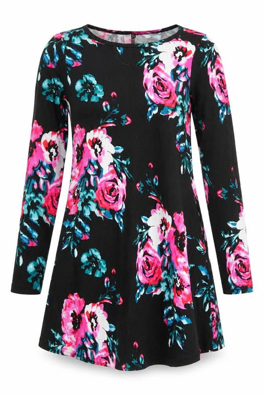 Womens Black Floral Jersey Fit & Flare  Size XS  - pink & blue flowers