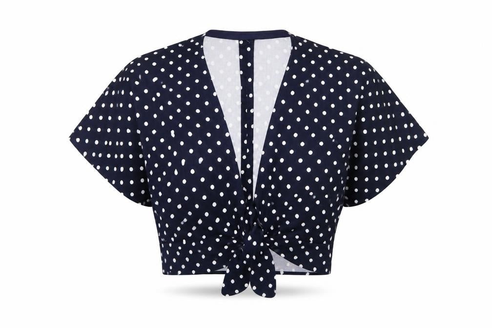 Preworn Womens Blue Polka Dot  Cropped Blouse Size L  - Tie front