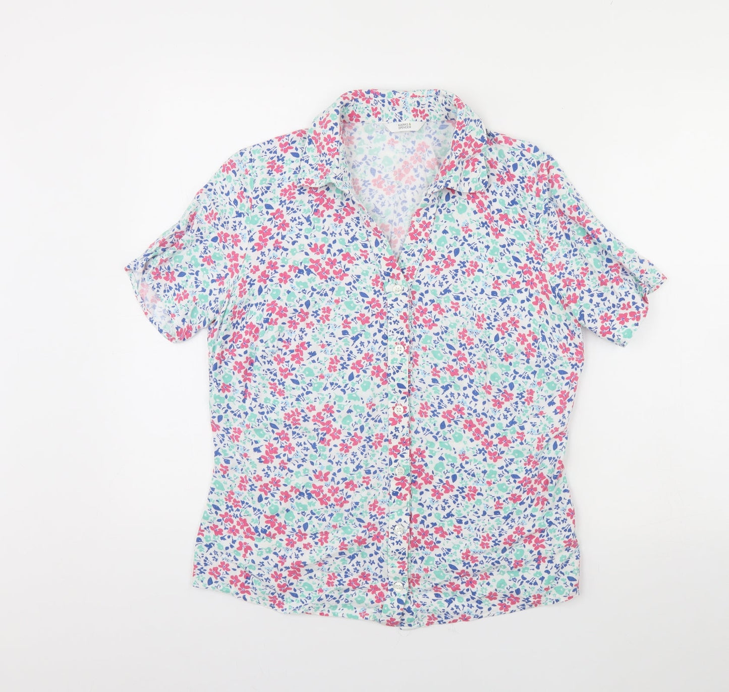 m&S Womens White Floral  Basic Button-Up Size 10