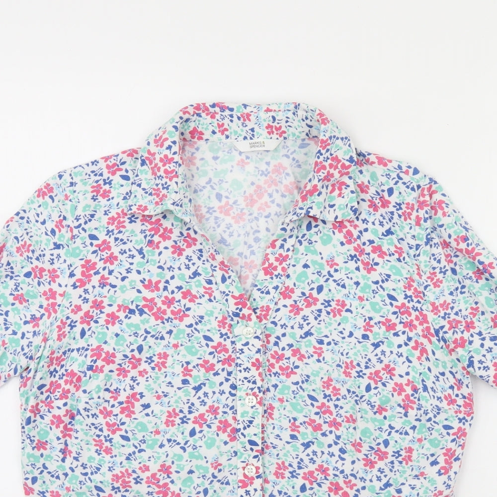 m&S Womens White Floral  Basic Button-Up Size 10