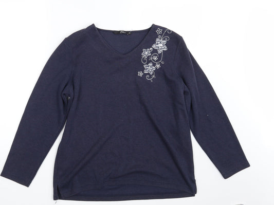 BM Casual Womens Blue Floral Knit Pullover Sweatshirt Size M