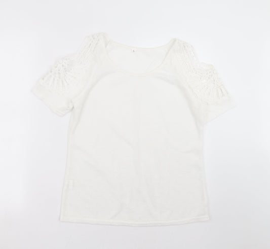Preworn Womens White  Knit Pullover Jumper Size L  - crochet shoulder