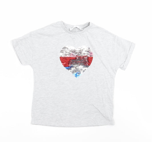 Marks and Spencer Girls Grey   Basic T-Shirt Size 9-10 Years  - sequin heart