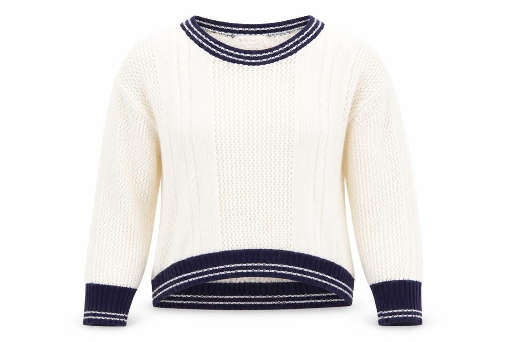 Blonde + Blonde Womens Ivory   Pullover Jumper Size 14  - Cable & Open Knit Blue Neck Hem Cuff Trim