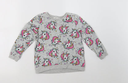 Preloved H&M Girls Grey Polka Dot  Pullover Sweatshirt Size 5 Years  - Unicorn - Front