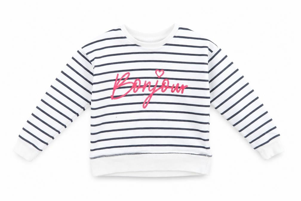 Primark Girls Blue Striped  Pullover Sweatshirt Size 3-4 Years  - Blue & White Stripe and Bonjour in red