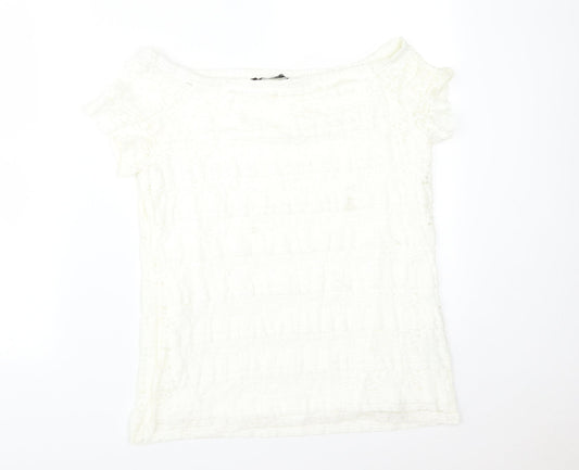 Preworn Womens White Floral  Basic T-Shirt Size 14