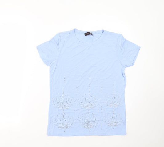anna rose Womens Blue Geometric  Basic T-Shirt Size S  - beaded