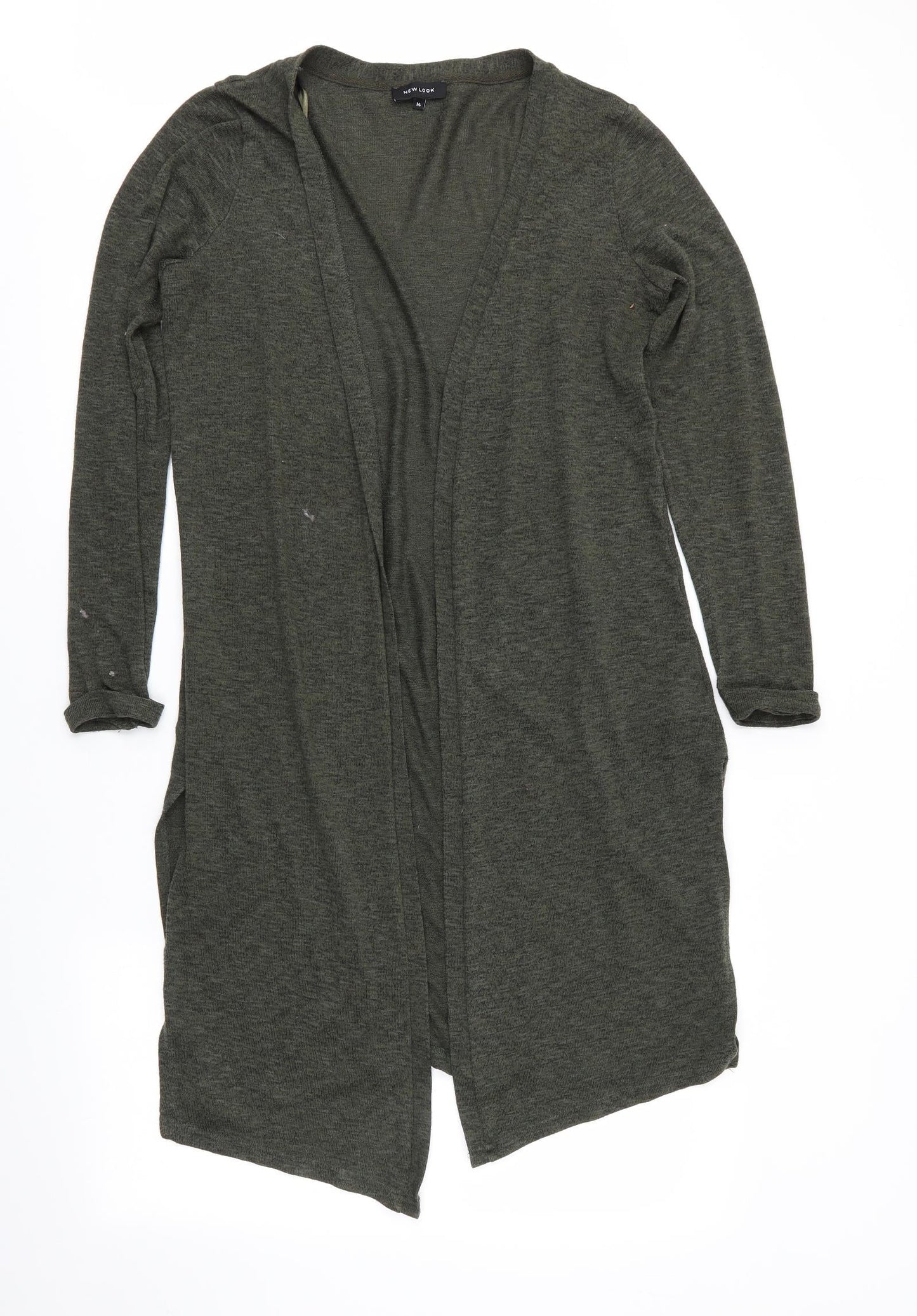 New Look Womens Green V-Neck  Polyester Cardigan Jumper Size 14   - Longline Cardigan Side Vented Black Fleck