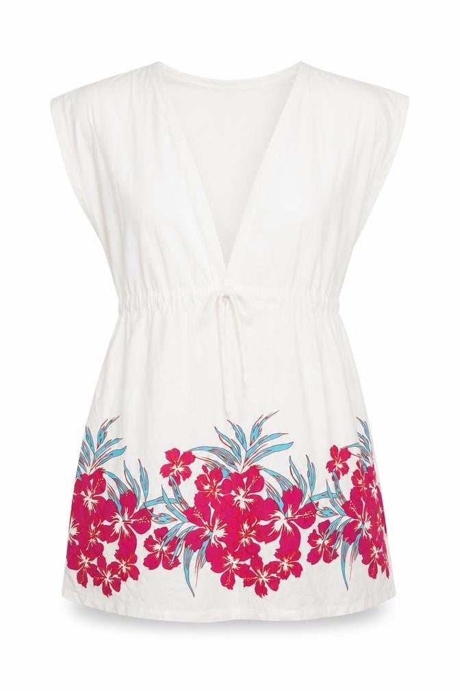 Resort Womens White Floral  Tunic Blouse Size 12
