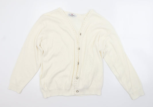 MERRY GOLD LONDON Womens White Argyle/Diamond  Cardigan Jumper Size L