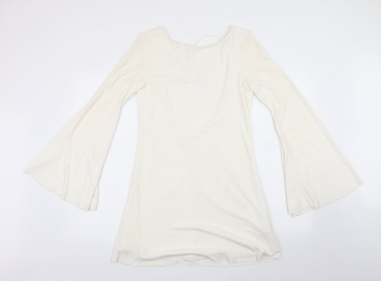 Zara Womens White   Fit & Flare    - Trumpet Sleeves Low back Neck Tie