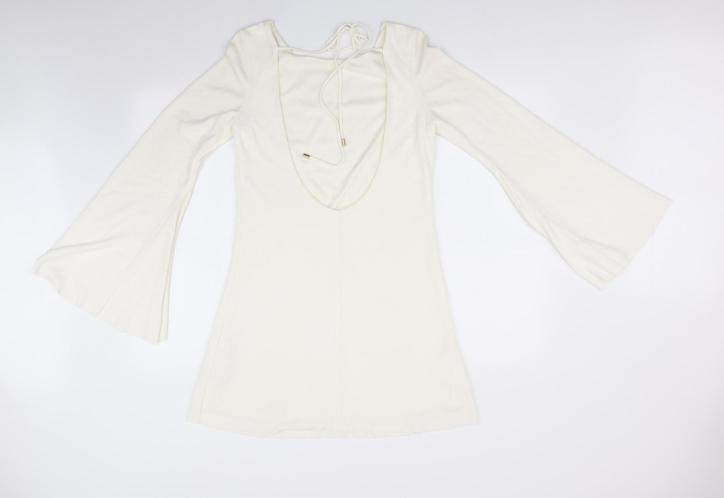 Zara Womens White   Fit & Flare    - Trumpet Sleeves Low back Neck Tie