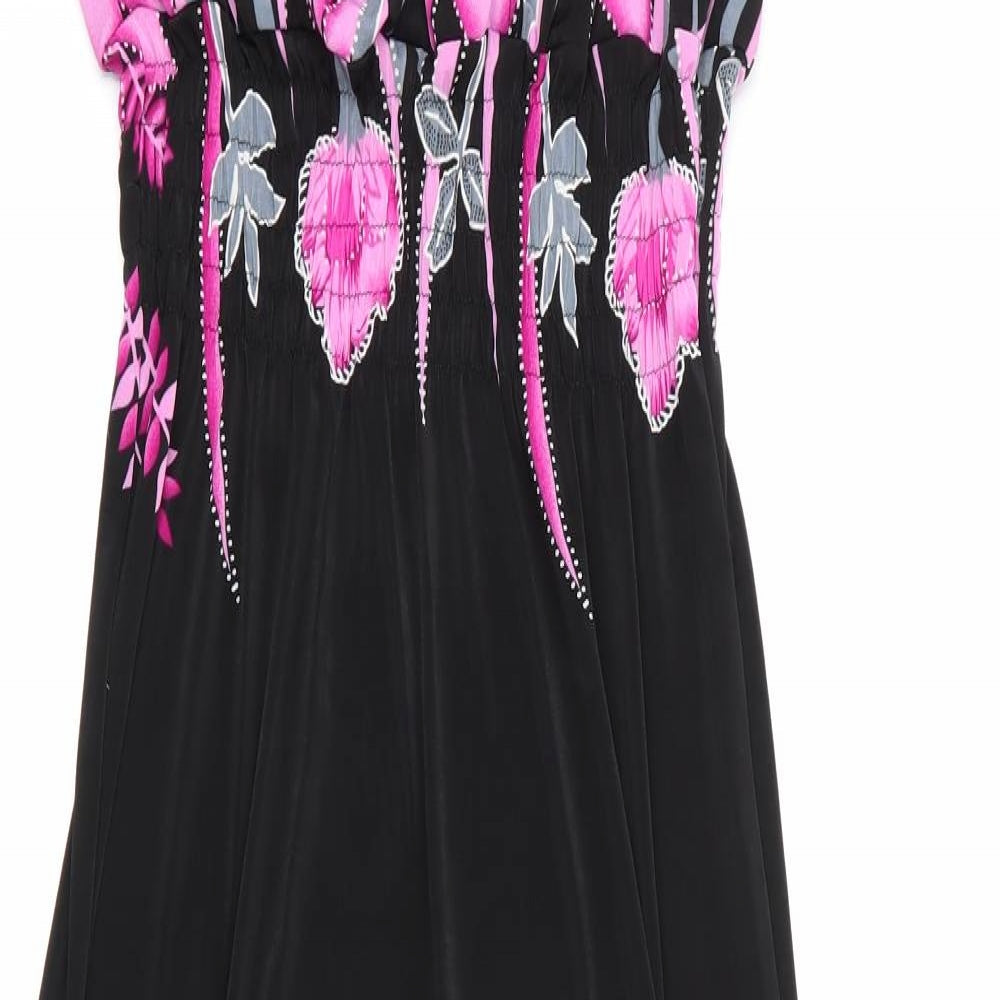 Preworn Womens Black Floral  Maxi    - Pink & Grey Flowers V Back