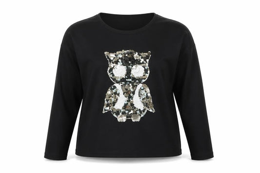 My Heart Womens Black Animal Print  Pullover Sweatshirt Size L  - Sequinned Owl
