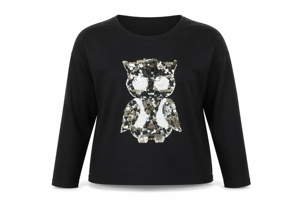 My Heart Womens Black Animal Print  Pullover Sweatshirt Size L  - Sequinned Owl