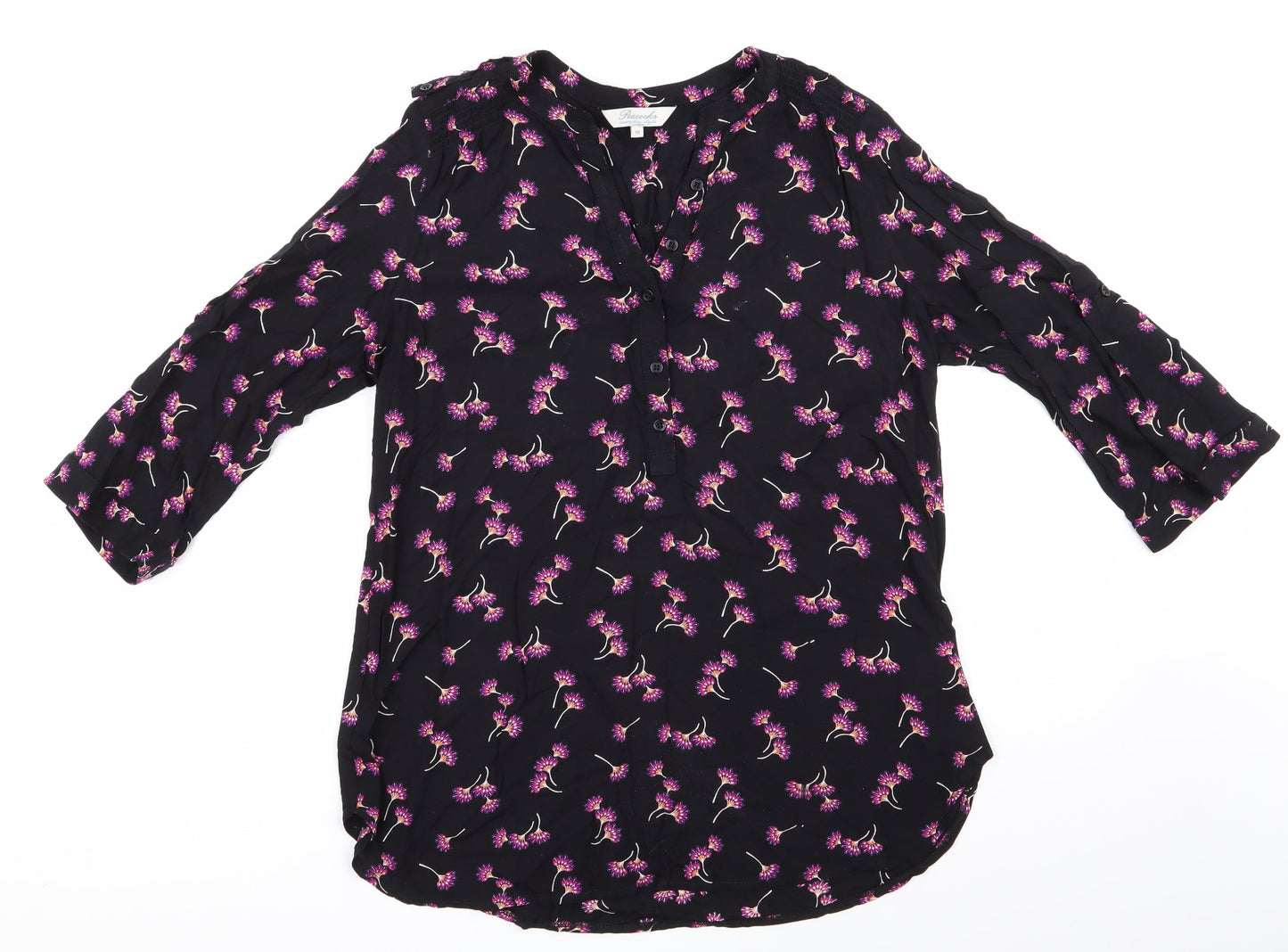 Peacocks Womens Black Floral  Basic Button-Up Size 10  - Pink Orange Purple Flowers Adjustable Sleeve Length