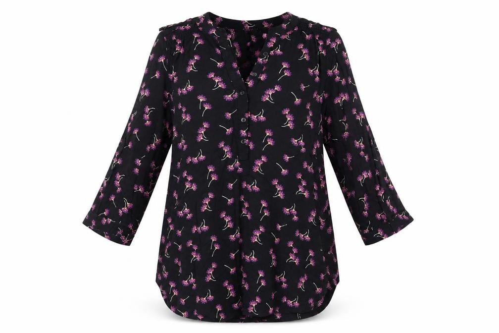 Peacocks Womens Black Floral  Basic Button-Up Size 10  - Pink Orange Purple Flowers Adjustable Sleeve Length