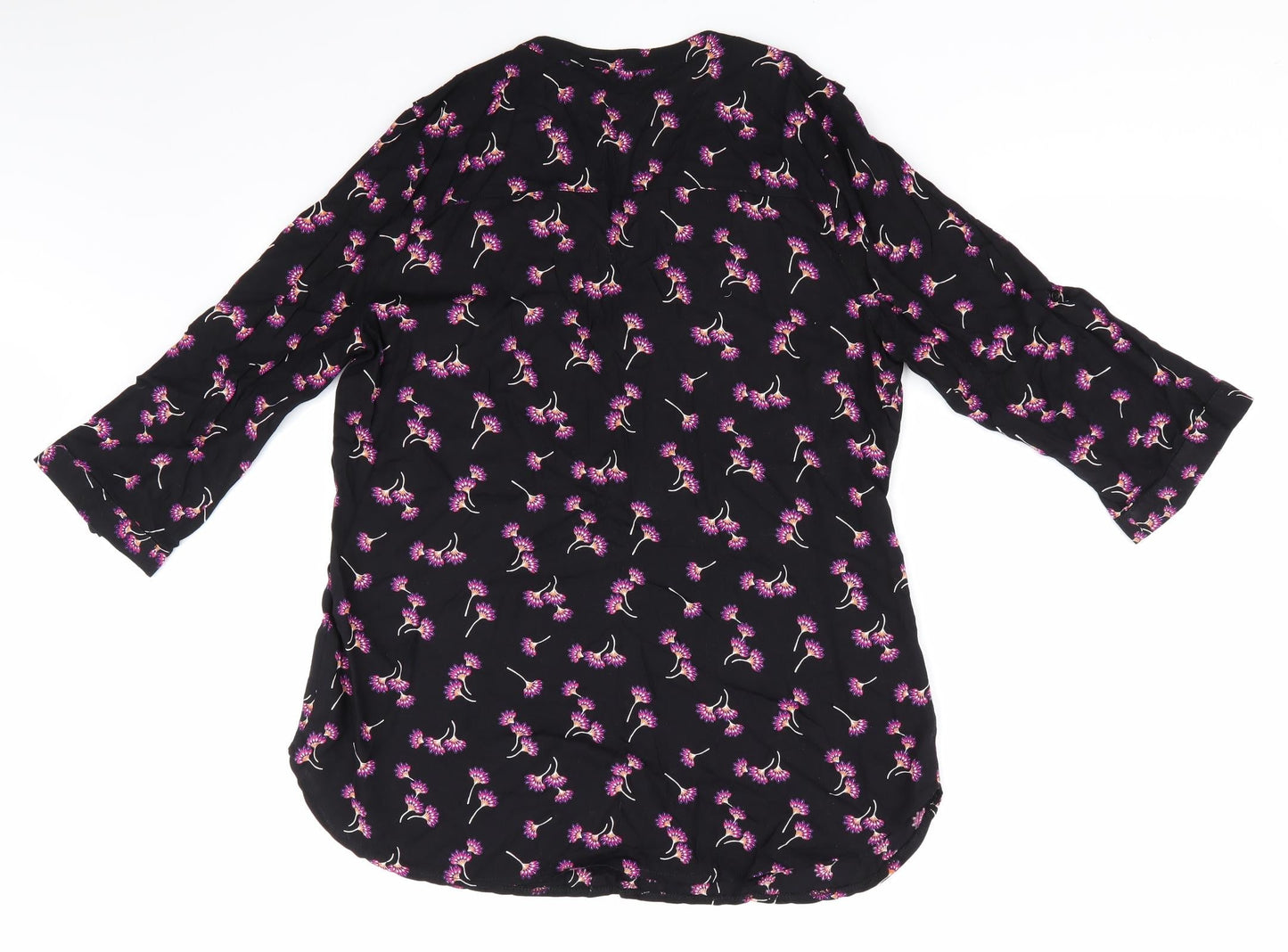 Peacocks Womens Black Floral  Basic Button-Up Size 10  - Pink Orange Purple Flowers Adjustable Sleeve Length