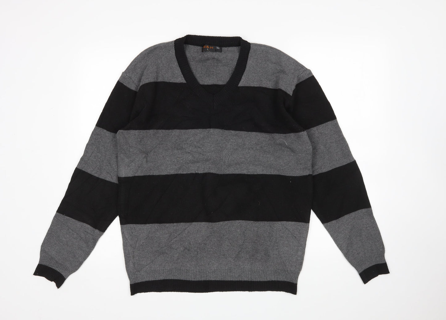 S&H Mens Grey Striped  Pullover Jumper Size L