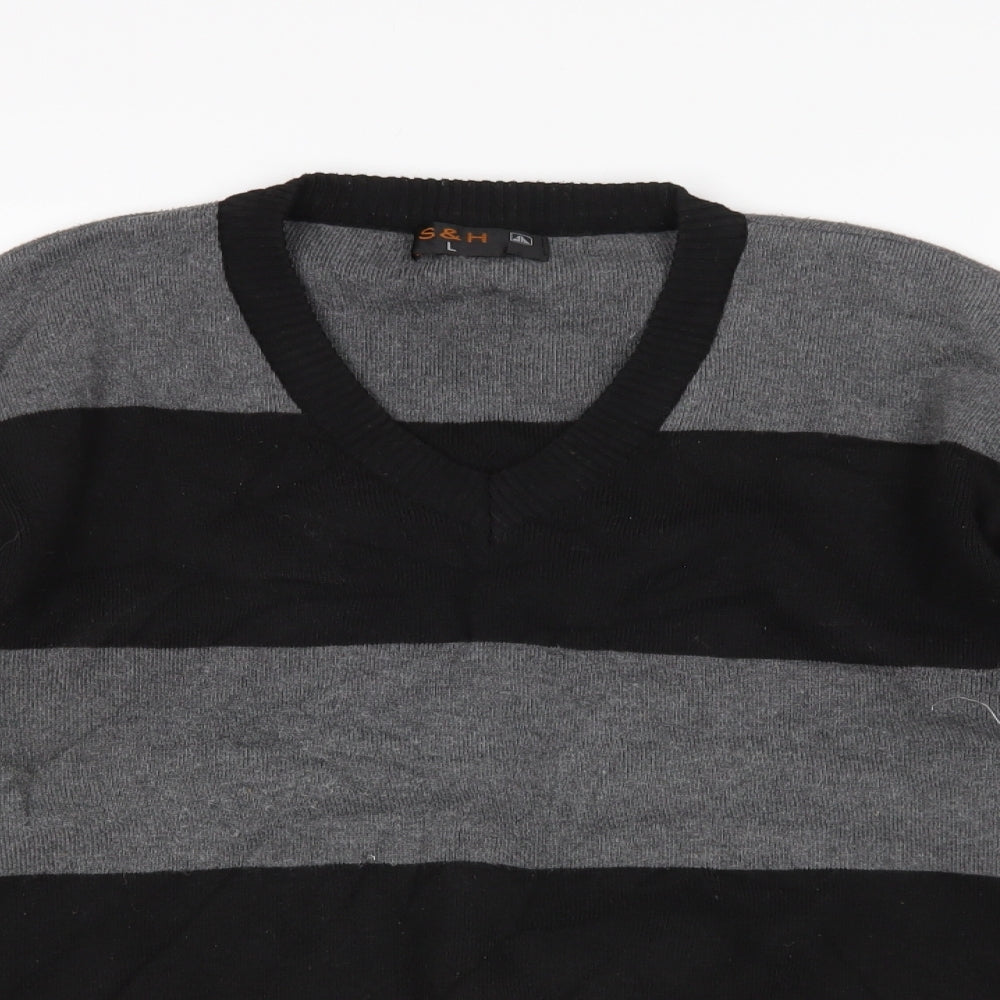 S&H Mens Grey Striped  Pullover Jumper Size L
