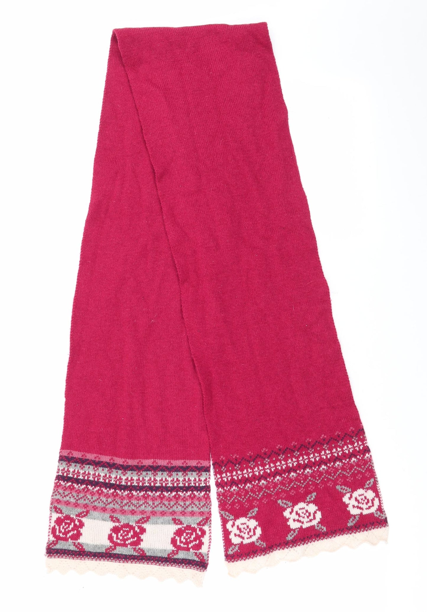 Preworn Womens Red Floral   Scarf    - Rose & Stripe Pattern
