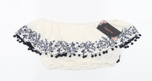Copper Rose Womens Ivory Floral Viscose Cropped Blouse Size M  - Collared Bandeau Top Blue Flowers & tassles