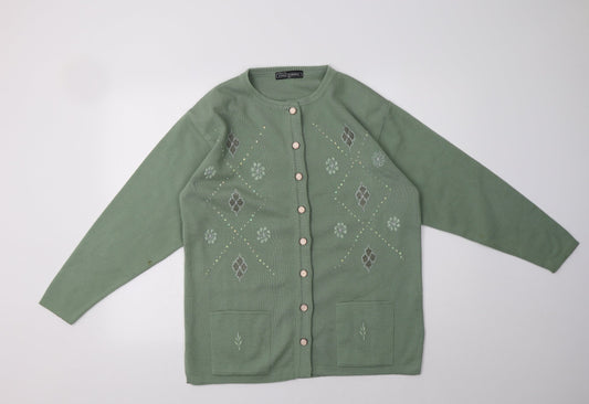Sarah Dunnway Womens Green Crew Neck Geometric Acrylic Cardigan Jumper Size M