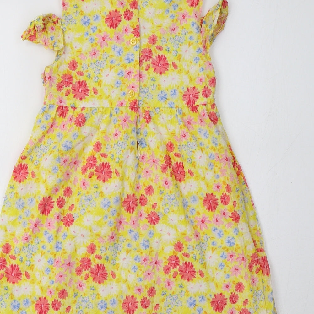 Penelope Mack Girls Yellow Floral Cotton A-Line  Size 6 Years Crew Neck
