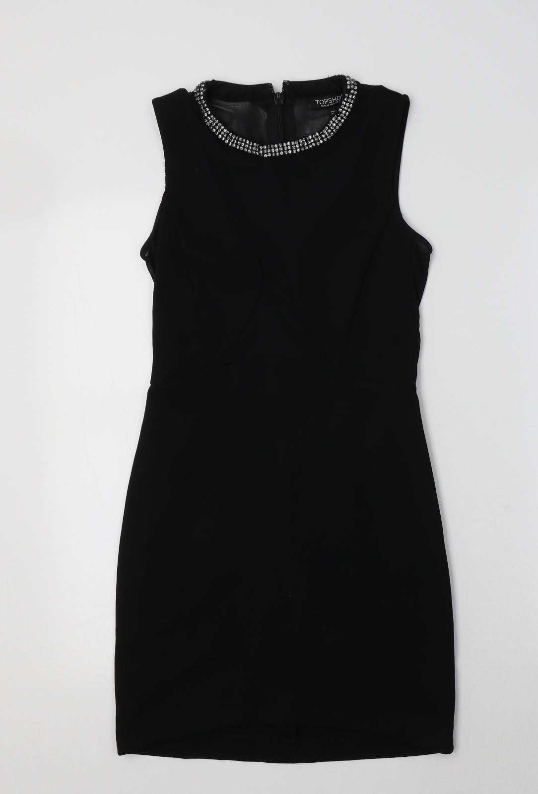 Topshop Womens Black  Viscose Bodycon  Size 6 Crew Neck  - Embellished Collar