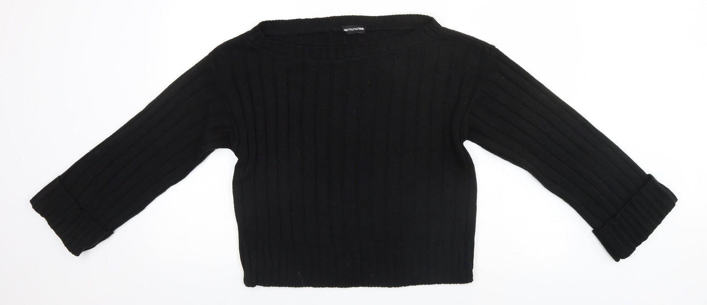PRETTYLITTLETHING Womens Black Scoop Neck Striped Acrylic Pullover Jumper Size M