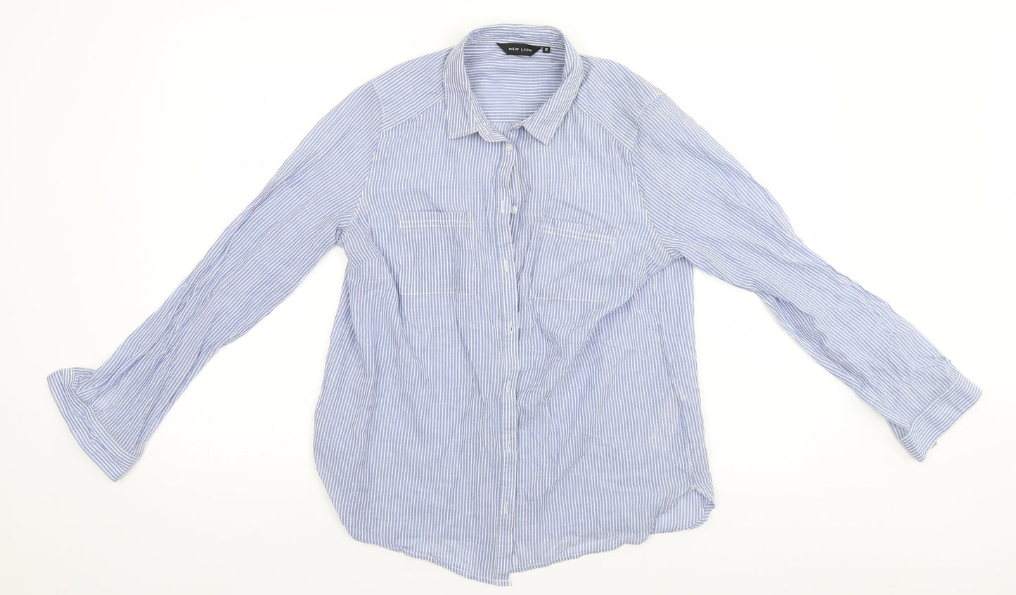 New Look Womens Blue Striped Cotton Basic Button-Up Size 12 Collared