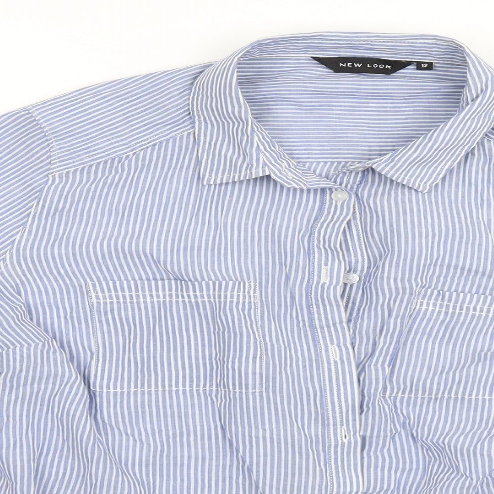 New Look Womens Blue Striped Cotton Basic Button-Up Size 12 Collared