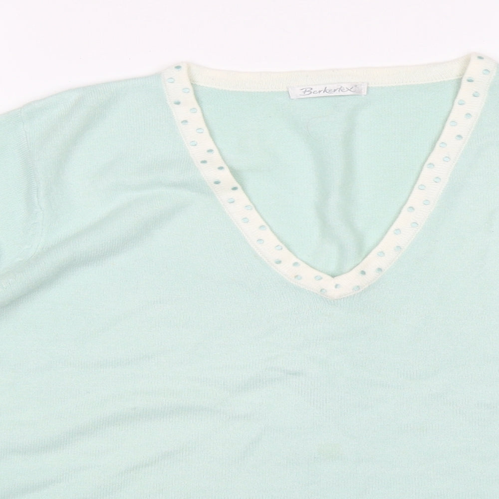 Berkertex Womens Green V-Neck  Acrylic Pullover Jumper Size 18