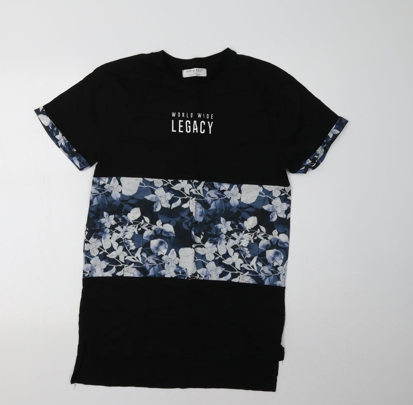 Primarkl Womens Black Floral Polyester Basic T-Shirt Size S Crew Neck - Legacy