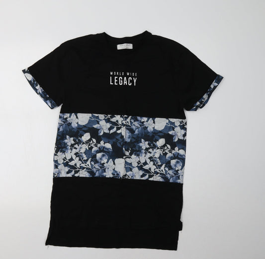 Primarkl Womens Black Floral Polyester Basic T-Shirt Size S Crew Neck - Legacy