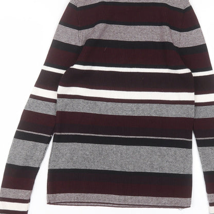 New Look Womens Red Striped Cotton Basic T-Shirt Size 10 Round Neck