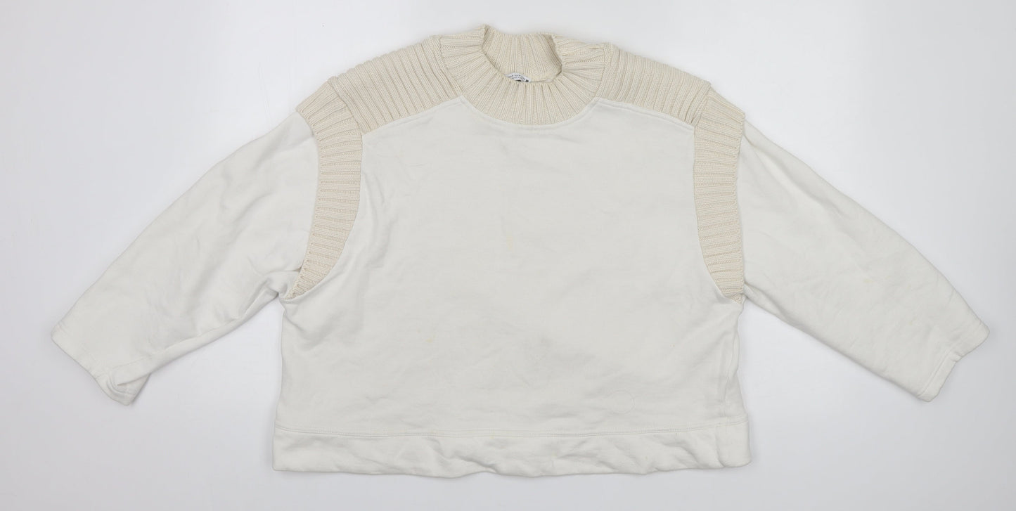 Zara Womens White Round Neck  Cotton Pullover Jumper Size M