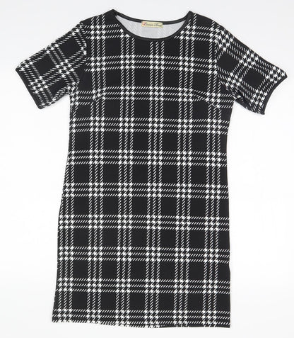 Cameo Rose Womens Black Plaid Polyester Basic T-Shirt Size 10 Round Neck