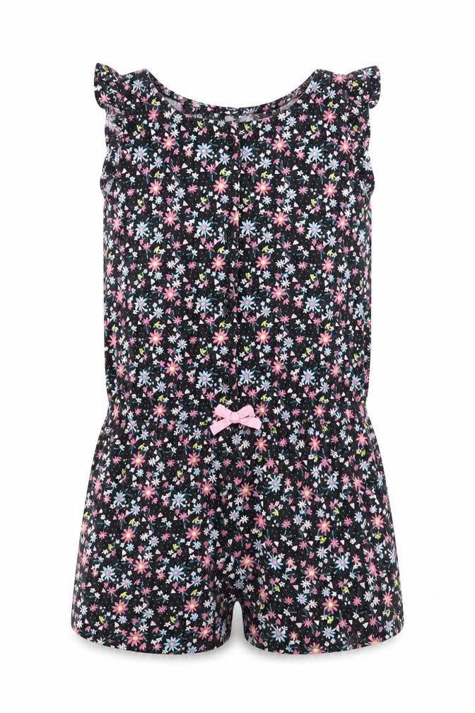 Lilly & Dan Girls Black Floral Cotton Shorts One-Piece Size 5-6 Years   - Pink Blue Yellow Flowers