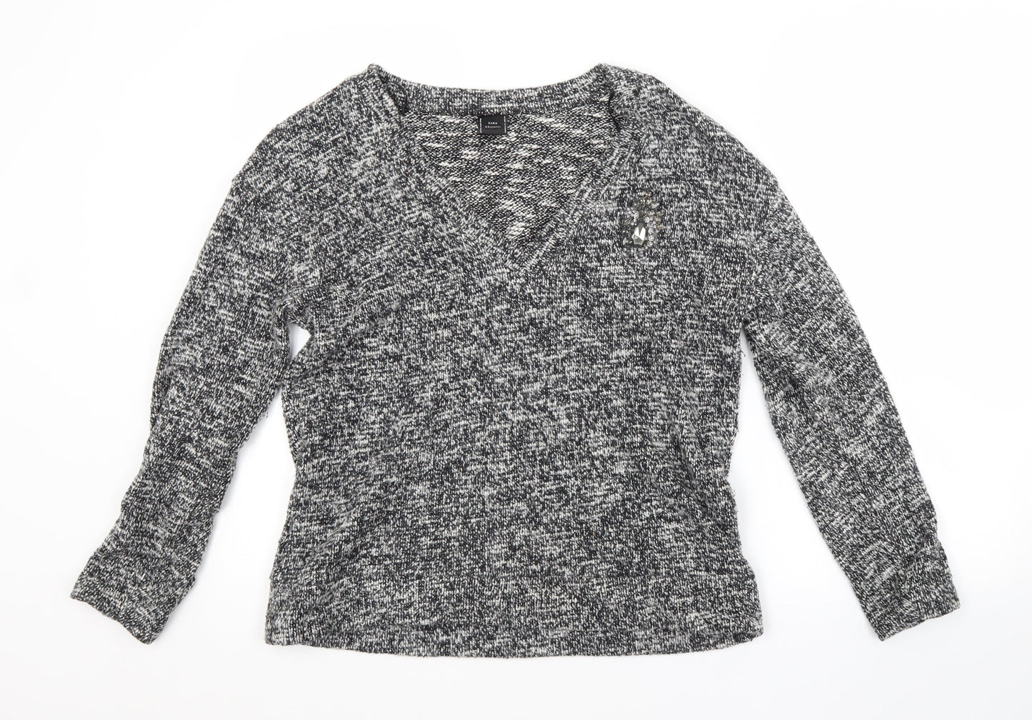 Zara Womens Grey V-Neck  Cotton Pullover Jumper Size M